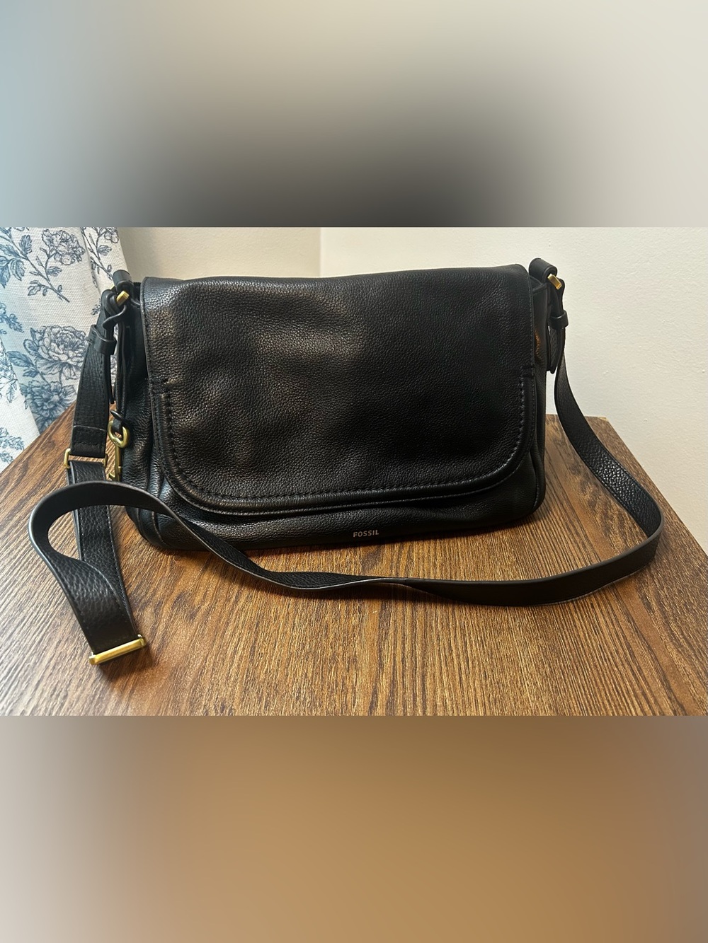 FOSSIL Peyton Crossbody Bag Large Double Flap Black Pebbled Cowhide Leather
